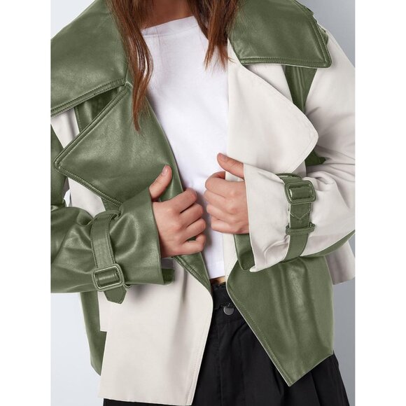 Womens Faux Leather Bomber Jacket with Bow Green Stylish Fall Outerwear Coat - Picture 2 of 6